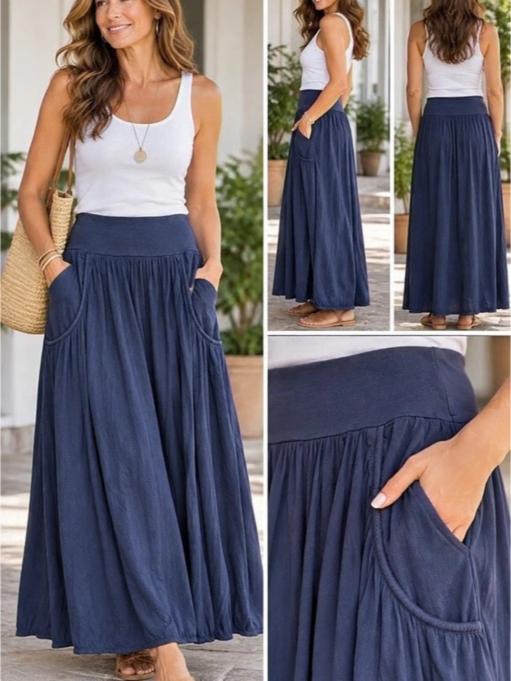 Garnet hill cotton MaxiSkirt long flowing pull on With faux Pockets navy